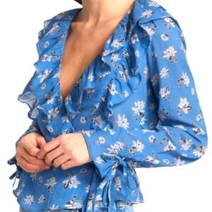 Free People Amanda Ruffle Top Blue Medium Wrap Long Sleeve V Neck Blouse Large